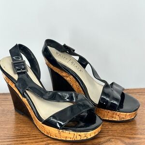 White House Black‎ Market Womens Black Patent Cork Platform Wedge Sandals 8.5M